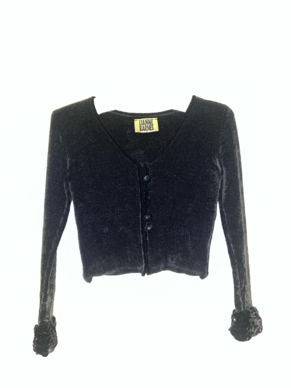Lianne Barnes Vintage Black Velvet Cropped Cardigan with Rosette Cuffs